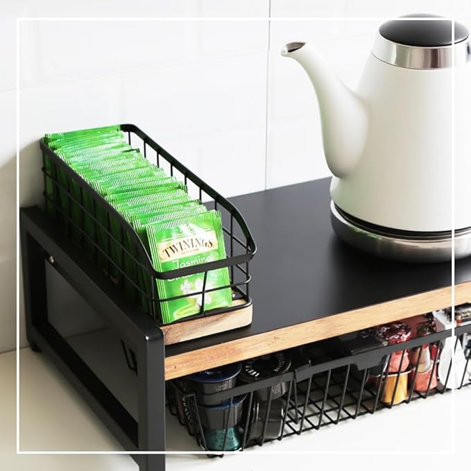 Tea Bag Organizer,Iron Wire Basket with Wooden Base.Tea Storage Containers with 3 Slots,Sugar Packet,Tea Bar Accessories for Countertop Cabinet Drawer. (WOOD,VERTICAL)
