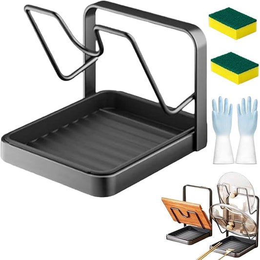 Kitchen Pot Lid Storage Rack, Pot Lid Holder with Drip Tray, Multifunctional Kitchen Organizer Stand with Removable Drip Tray, for Counter Stove Top Accessories (Gray,Single-layer)