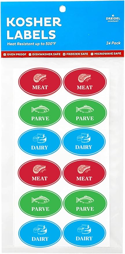Assorted Kosher Labels, (48 Pack) 16 Blue Dairy, 16 Red Meat, 16 Green Parve Stickers, Oven Proof up to 500°, Freezable, Microwavable, Dishwasher Safe, English, Color Coded Tools (48-Pack)