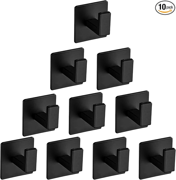 Vanloory Bath Towel Hook,10 Pack Self Adhesive Square Coat Hooks, Sturdy No Drilling Robe Hook, Heavy Duty Aluminum Clothes Hanger, Wall Hooks for Bathroom Bedroom Kitchen (2 Inch,Black)