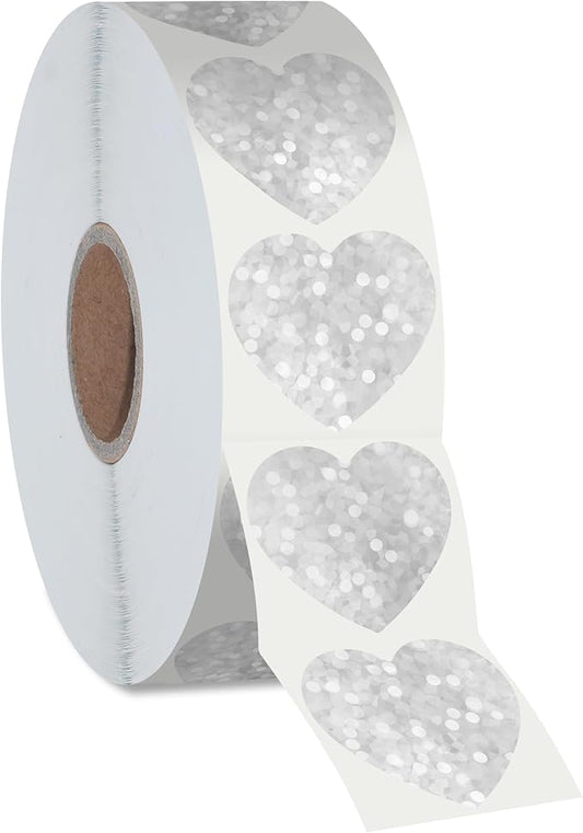 500 PCS Silver Glitter Heart Stickers - Silvery Metallic Sparkling Self Adhesive Waterproof Reflective Heart Stickers for Wedding, Valentine's Day Supplies (1' Each)