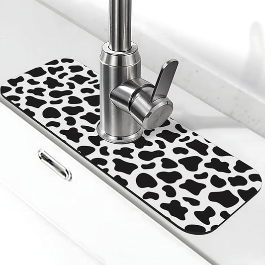 Cow Dalmatian Skin Print Black And White Kitchen Sink Splash Guard Faucet Mat Super Absorbent Fast Drying Mat Sink Gadgets-Fast Drying Pad Sink Mat For Kitchen Bathroom (15" X 5.5" )