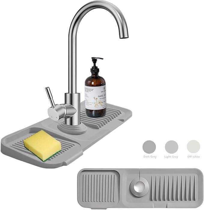 MOODKEY Kitchen Sink Splash Guard Sponge Holder - Silicone Faucet Drip Catcher Tray - Sink Protector - Fits Faucet Tube within 2.5" (Dark Grey, 17.7")
