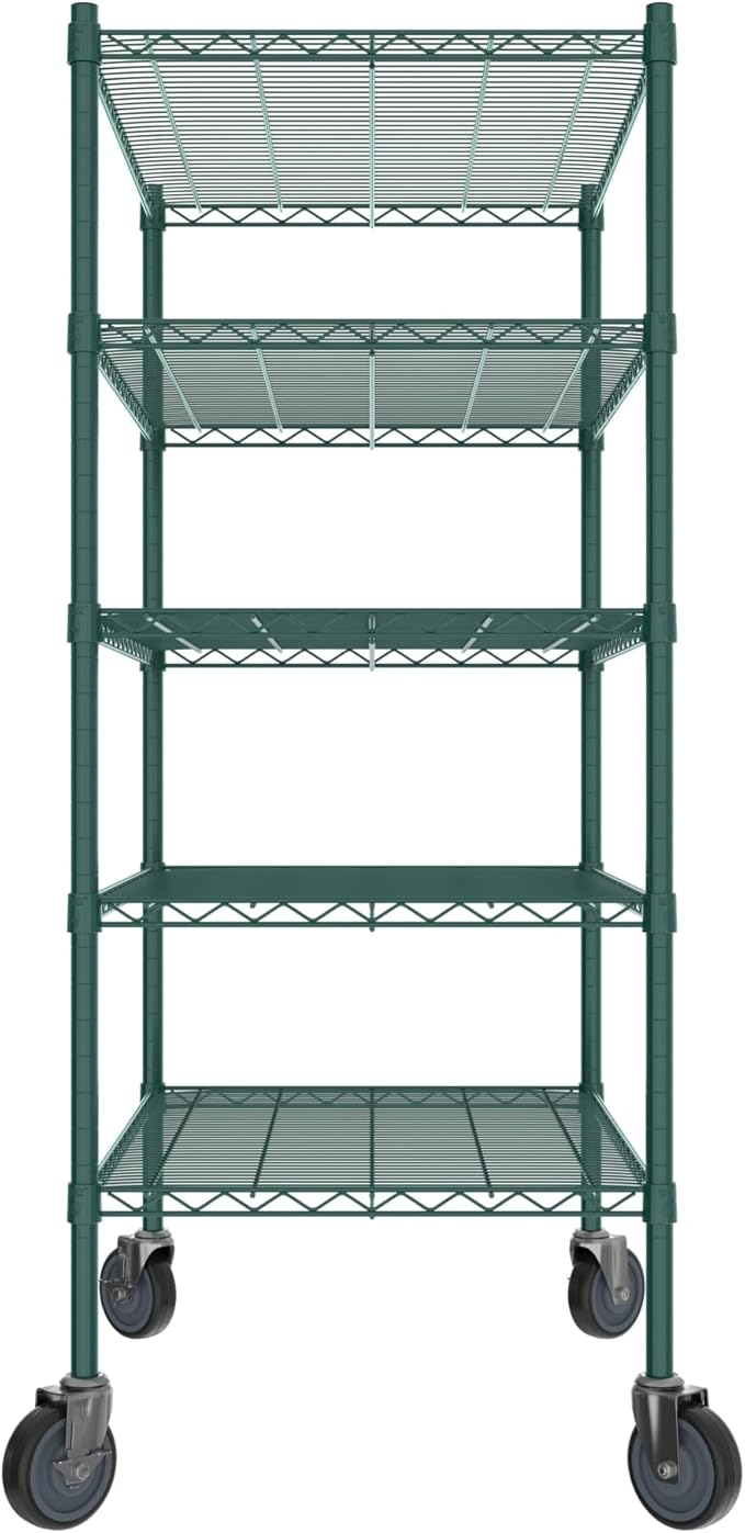 Commercial NSF Listed Green Epoxy Mobile Wire Shelving Kit 24" x 36" x 60", with 5 Shelves Perfect for Warehouse, Walk-in Refrigerator, Freezer, Grocery Store, Restaurant, Dishroom
