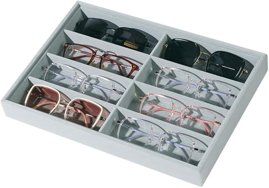 Glasses Holder Box Drawer Sunglass Organizer for Men Clear Wide Storage Case 8 Slots Multiple Reading Glasses Display, Gray Velvet