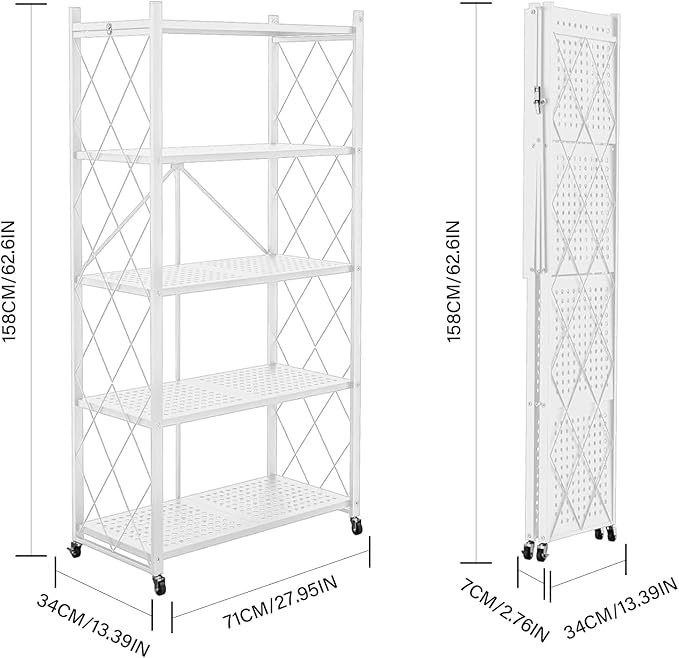 Foldable Storage Shelves with Wheels, Folding Shelving Units Storage, Heavy Duty Metal Collapsible Shelf No Assembly, Large Capacity Pop-Up Organizer for Garage,Kitchen,Living Room, 5-Tier White