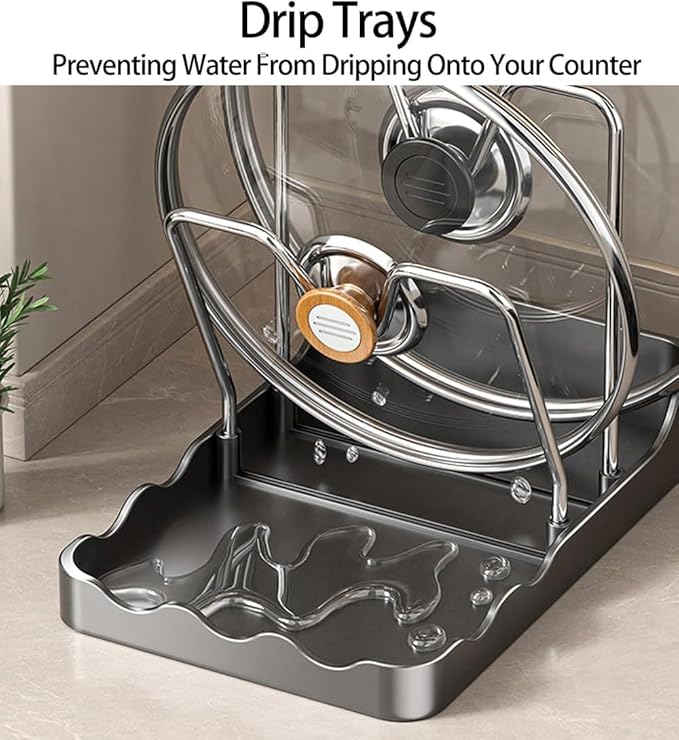 Kitchen Pot Lid Storage Rack, Pot-Lid Cutting Board Holder With Removable Drip Tray, Space-Saving Kitchen Pot Cover Organizer Stand for Countertop (Grey Double-layer)
