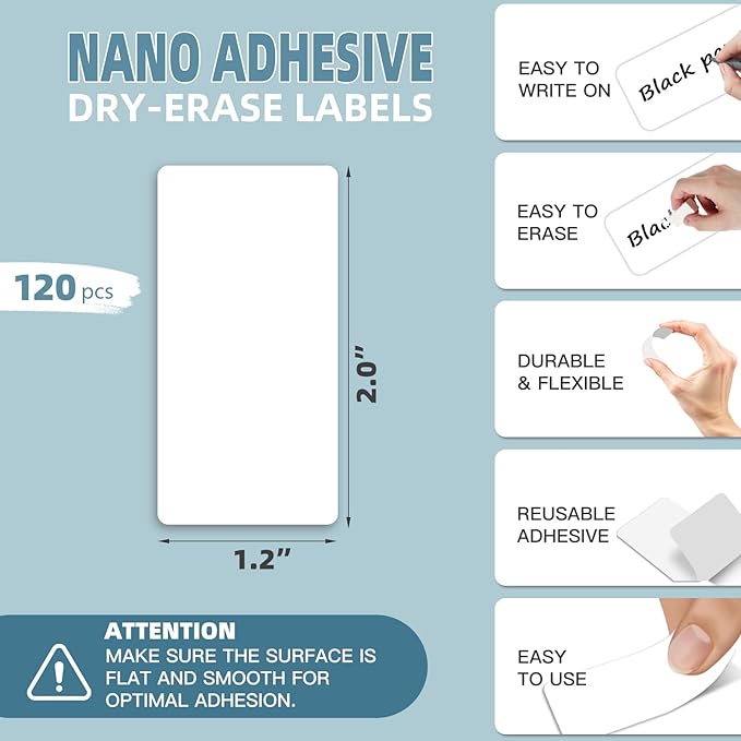 PPB Dry Erase Labels Sticky Notes for Containers, Reusable Waterproof Removable Stickers for Organizing, Freezer, Kitchens, Classroom, Whiteboard, All Purpose Use (1.2”x 2”, White, 120 Dots)