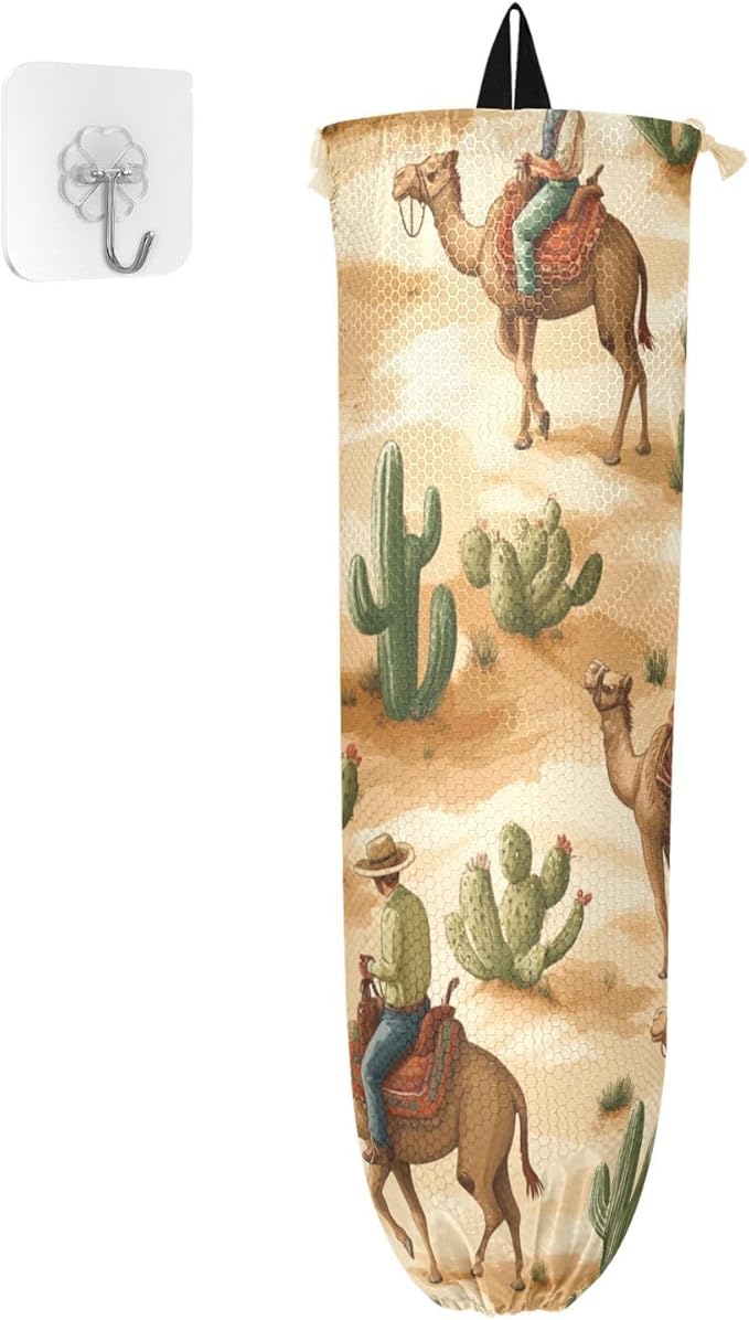 Plastic Bag Holder Wall Mount Grocery Bag Shopping Bag Storage Holder Organizer Dispenser with Adhesive Hook,for Kitchen Bathroom Home Decor 9x22 Inches Western Cowboys Camels Cacti39