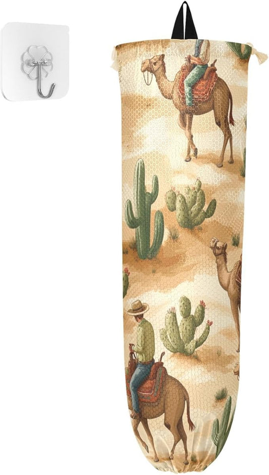 Plastic Bag Holder Wall Mount Grocery Bag Shopping Bag Storage Holder Organizer Dispenser with Adhesive Hook,for Kitchen Bathroom Home Decor 9x22 Inches Western Cowboys Camels Cacti39