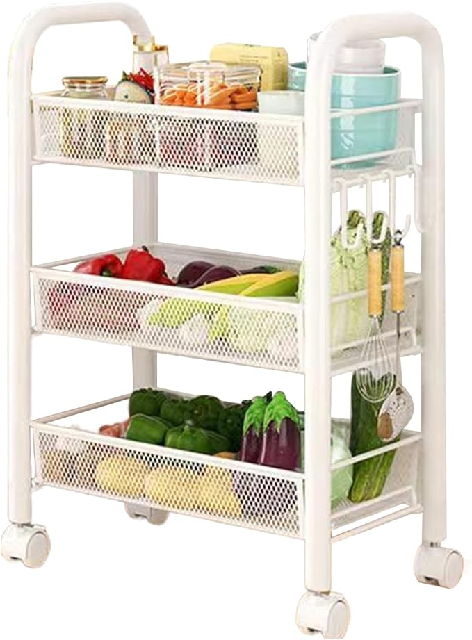 Stand-in Pantry Fruit Stand, Vegetable Storage Basket, 5-Tier Stackable Basket on Wheels, White