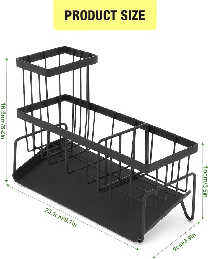 Black Sponge Holder, Kitchen Sink Caddy Organizer, Rustproof with Drip Tray for Soap Dispenser, Brushes & Sponges, Countertop Sponge Dock with Drain Pan