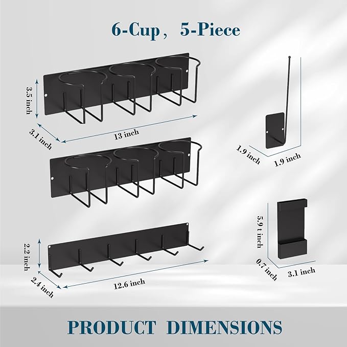 Magnetic Cup Holder Set - Universal Organizer Fits Stanley 20/30/40oz & All Cups up to 3.25 Inches Wide, Modular Rack with Lid and Straw Holders (Black, 6 Cup)