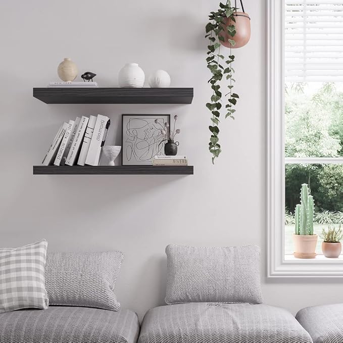 JPND Floating Shelf, Set of 3 Wall Shelf, 36 in W x 12.75 in D x 2 in H Wooden Floating Wall Shelf with Invisible Brackets for Living Room/Bedroom/Bathroom/Kitchen Storage and Decor, Black Wood