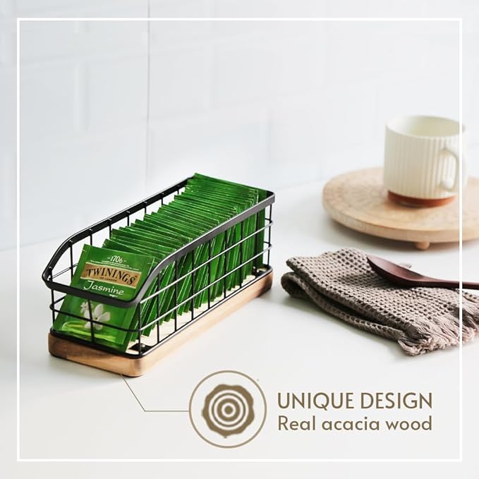Tea Bag Organizer,Iron Wire Basket with Wooden Base.Tea Storage Containers with 3 Slots,Sugar Packet,Tea Bar Accessories for Countertop Cabinet Drawer. (WOOD,VERTICAL)