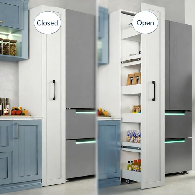 Large Slim Storage Cart with Wheels, 6 Tier Rolling Kitchen Pantry Organizer, Narrow Storage Cabinet with Handle, Wood Spice Rack Next to Fridge for Small Spaces, White