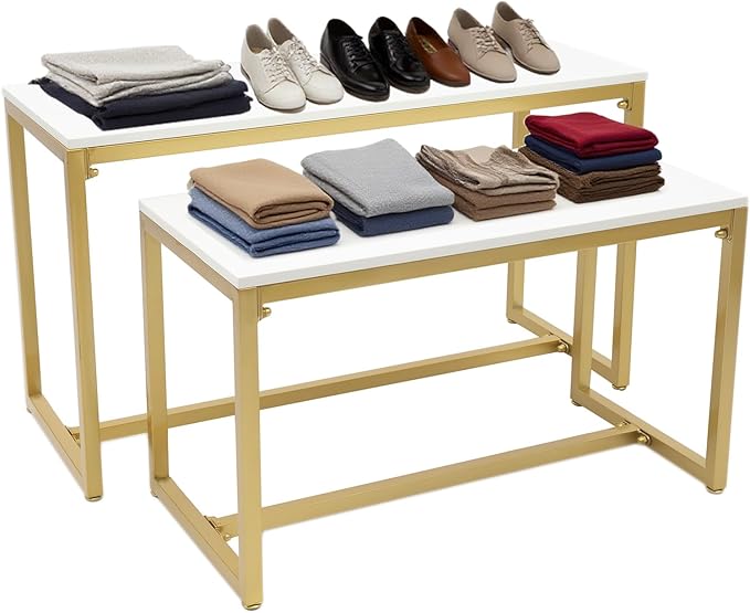 Gold 2-Piece Set Retail Display Tables, 31+40IN Width Modern Nesting Display Tables - Metal Display Riser Shelf for Shoes, Handbags, Home, Clothing Shops & Retail Stores -110lbs Load Capacity