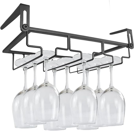 Adjustable Under Cabinet Stemware Holder - Metal Wine Glass Hanger Organizer for Kitchen, Bar, Shelf - Rustproof Hanging Storage Rack for 6-8 Glasses - Space Saving Decor (Black, 3 Rows)