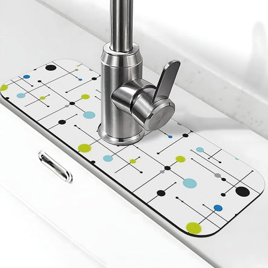 Atomic Mid Century Geometry Rustic Modern Black Kitchen Sink Splash Guard Faucet Mat 1 Pcs, Absorbent Fast Drying Mat Gadgets Splash Guard For Bathroom 15 X 5.5 Inches