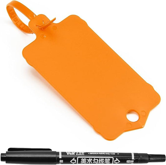 LeadSeals 100pcs Blank Plastic Tags for Labeling Reusable Hanging Tags Ties Key Tag Storage Labels Waterproof Plastic Mark Label Writable Hang Sign with One Marker Pen (Orange)