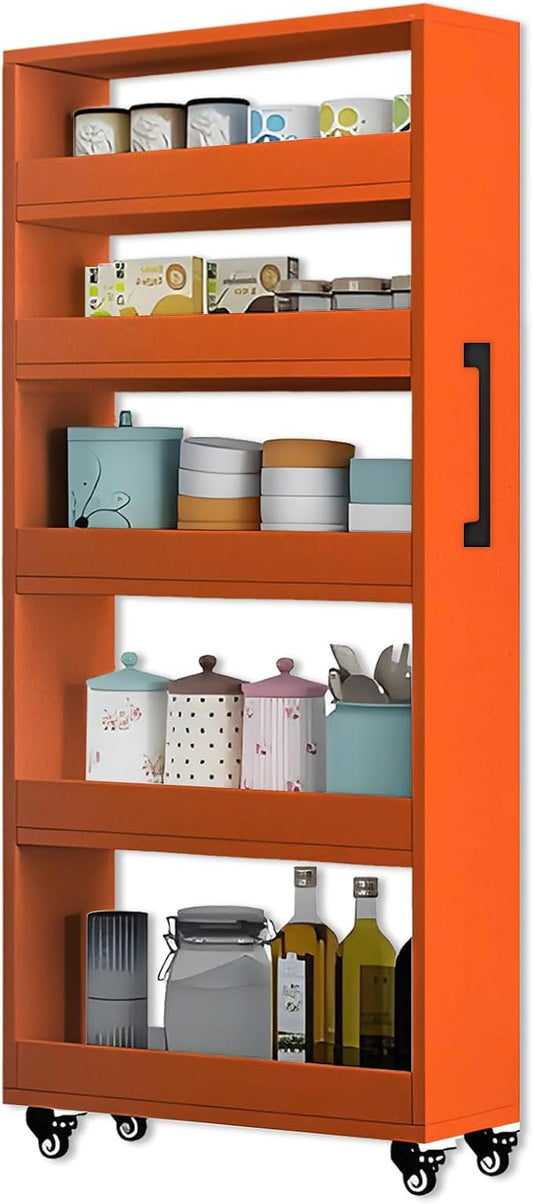 7-Tier Slim Rolling Storage Cart, Wooden Narrow Pantry Cabinet with Wheels, Tall Space-Saving Shelf Organizer for Kitchen, Laundry, Bathroom (Orange, 59" H*9.8" W*23.6" D)