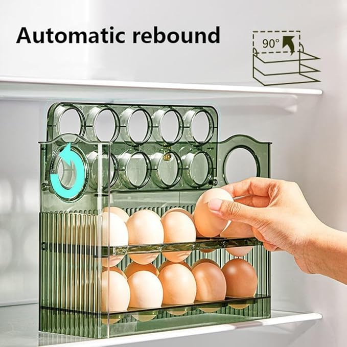 DABATO Egg Refrigerator Storage Box, Green, 3-Layer, Auto-Flip, Vertical Design, 11 x 7 x 5.5 in