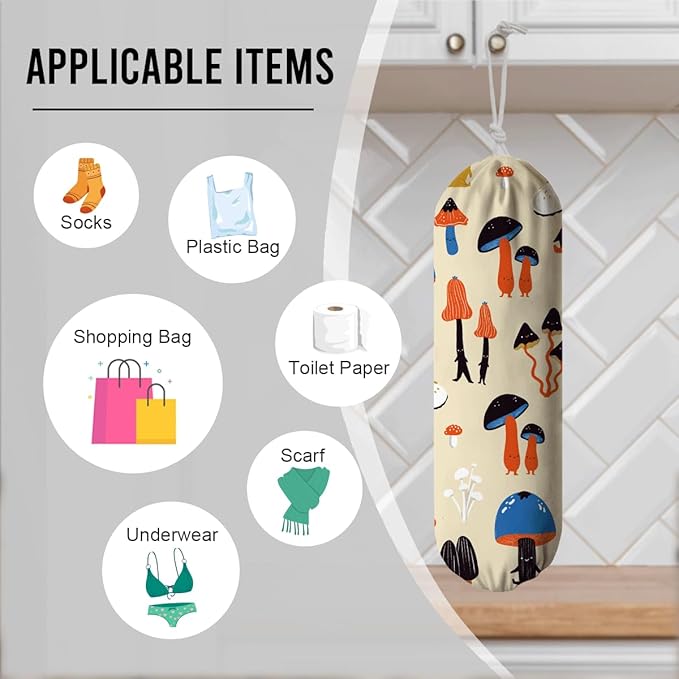 Mushroom Plastic Bag Holder, Reusable Hanging Shopping Bags Storage Organizer, Colorful Fabric Garbage Trash Bag Dispenser for Home Kitchen Pantry Cabinet, Wall Mount, Kitchen Housewarming Gifts