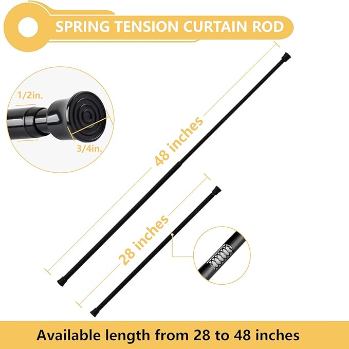 KXLife Small Spring Tension Curtain Rod, Adjustable Spring Tension Rod 28 to 48 inches, Expandable Spring Loaded Tension Rods for Window (Black-4 Pack)