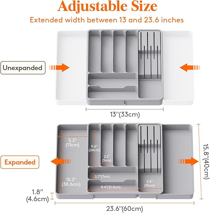 Lifewit Silverware Organizer for Kitchen Drawers, Expandable Utensil Tray with Removable Knife Block, Adjustable Cutlery and Flatware Holder, Plastic Spoon Forks Holder Storage Divider, Gray