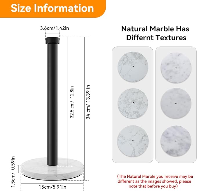 Paper Towel Holder Countertop, Black Kitchen Roll Holder, Premium Stainless Steel Paper Towel Holder for Kitchen Bathroom Roll Organize with Weighted Marble Base, One-Handed Operation