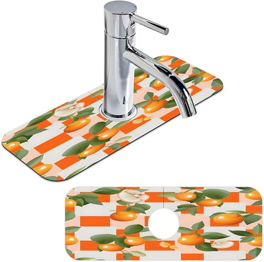 Orange Leaf Grid Pattern Kitchen Faucet Mat Splash Guard, 15.4”x5.7” Absorbent Quick Drying Sink Mat for Countertop Protection, Draining Mat Sink Protectors For Kitchen Bathroom, 1 Pack