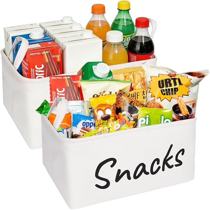 Snack Organizer Basket for Home Office: Snack Bin for Pantry (2 White Baskets)