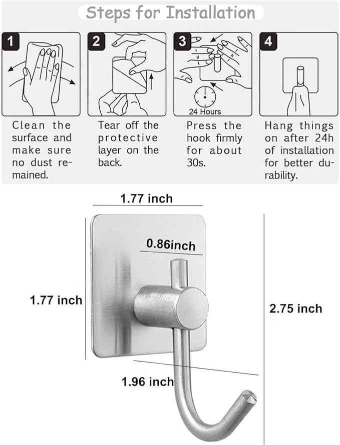 EDMILE Self Adhesive Towel Hooks for Bathrooms, Sturdy Wall Hooks for Walls No Damage, Waterproof Rustproof Stainless Steel Sticky Hooks for Hanging Shower, Bathroom, Kitchen, Robe, Coat, Silver