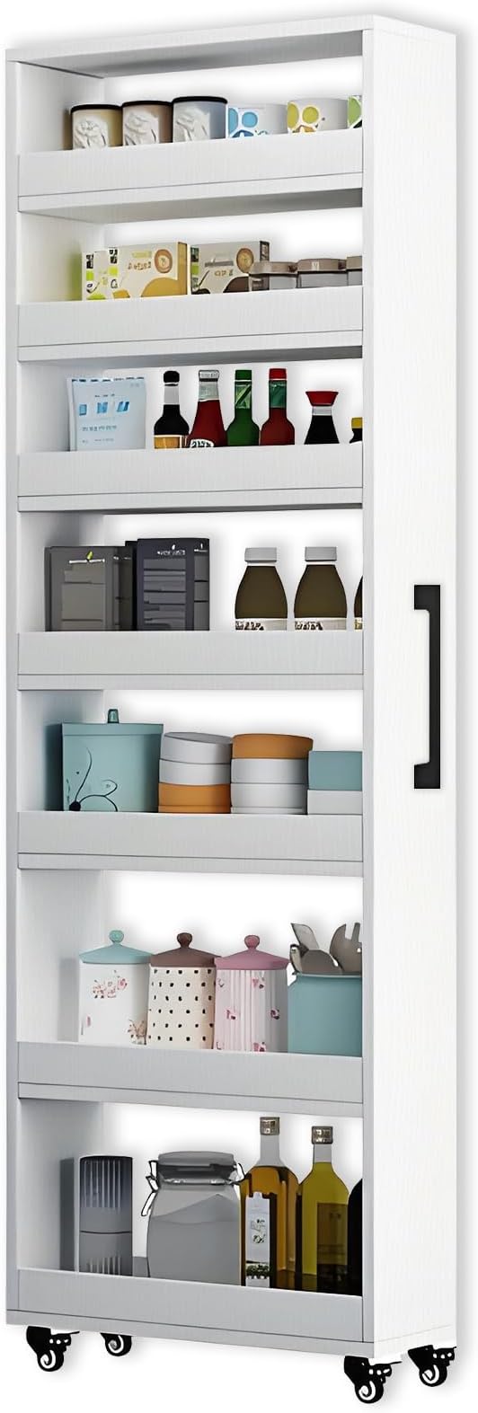 7-Tier Slim Rolling Storage Cart, Wooden Narrow Pantry Cabinet with Wheels, Tall Space-Saving Shelf Organizer for Kitchen, Laundry, Bathroom (White, 73.2" H*9.8" W*19.6" D)