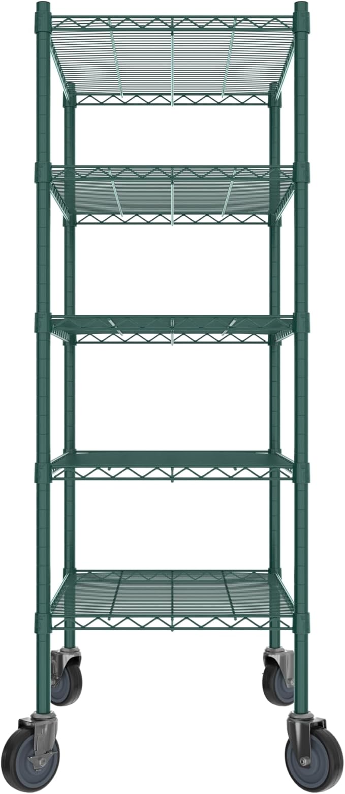 Commercial NSF Listed Green Epoxy Mobile Wire Shelving Kit 21" x 30" x 60", with 5 Shelves Perfect for Warehouse, Walk-in Refrigerator, Freezer, Grocery Store, Restaurant, Dishroom