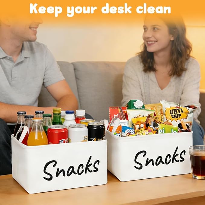 Snack Organizer Basket for Home Office: Snack Bin for Pantry (2 White Baskets)