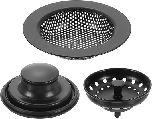 uxcell 3 Pcs Kitchen Sink Drain Strainer Black, Stainless Steel Kitchen Sink Strainer and Stopper, Anti-Clogging Basket with Handle, for Most Kitchen Sink Strainer Replacement