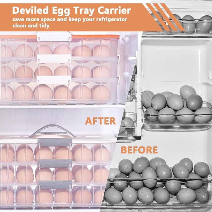 2 Layer Deviled Egg Containers with Lid, 36 Slots Deviled Egg Tray Carrier with Handle and Injector Piping Tool, Fridge Stackable Portable Clear Storage Egg Platter for Party Picnic Travel (Orange)