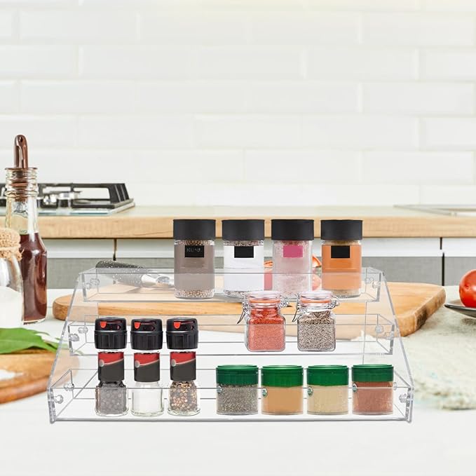 DECHOUS 3-Tier Acrylic Spice Rack Organizer Clear Tiered Spice Rack Seasoning Organizer for Countertop, Cabinet, Pantry, Kitchen Storage, 12x6.3x5.2 Inch