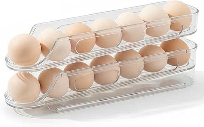 Egg Holder for Fridge, 2 Tier Automatic Scrolling Egg Storage Stackable Space-Saving Clear Plastic Fridge Container for Kitchen Restaurant