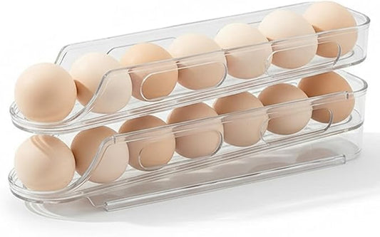 Egg Holder for Fridge, 2 Tier Automatic Scrolling Egg Storage Stackable Space-Saving Clear Plastic Fridge Container for Kitchen Restaurant