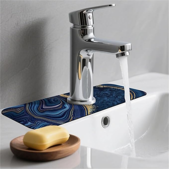 Kitchen Sink Splash Guard，Dark blue gold marble Faucet Mat Sink Gadgets-Super Absorbent Fast Drying Mat Drip Catcher for Kitchen, Bathroom,Sink Mat, Dish Drying Mat, Bathroom(15" X 5.5" )
