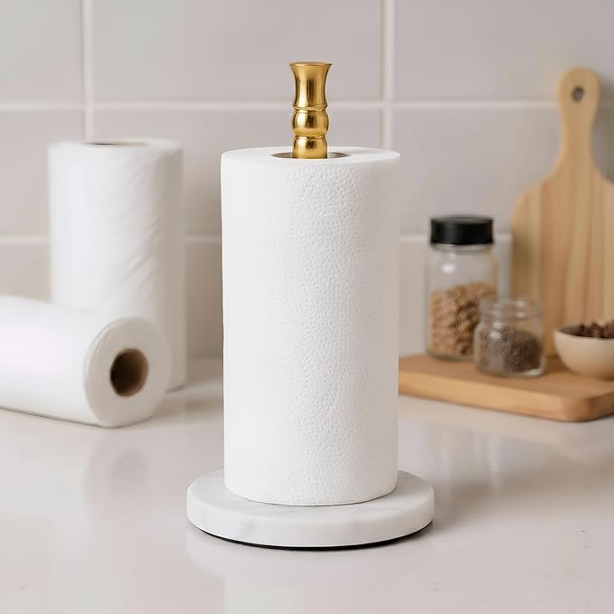 Paper Towel Holder Stand, One-Handed Ripping Paper Towel Roll Holder Countertop, Heavy Marble Base, NOT Tip Over - (Marble Base, Gold)