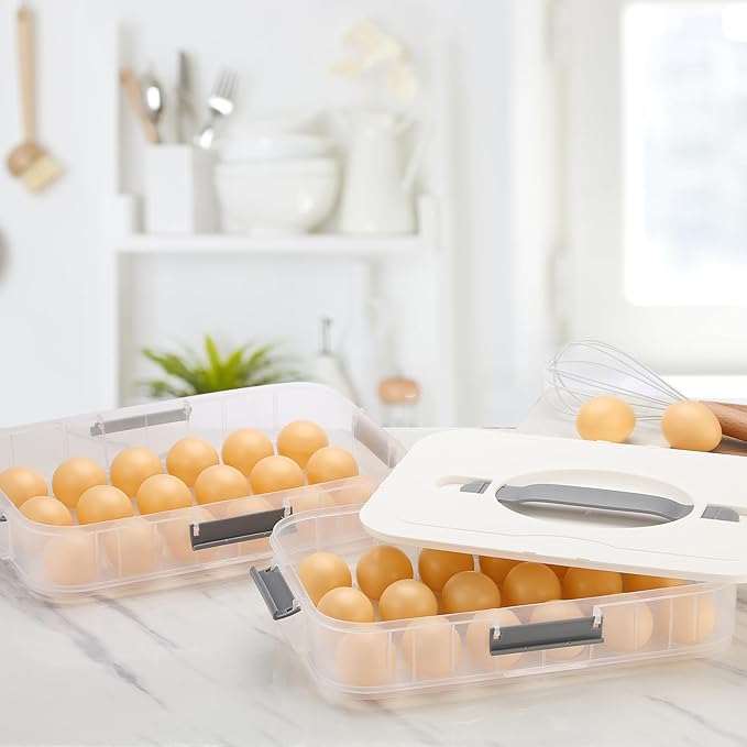 BTSKY Deviled Egg Platter with Lid, 2-Layer 36 Slots Deviled Eggs Carrier, Clear Portable Eggs Holder for Fridge Reusable Deviled Egg Tray Carton Box for Easter and Party Favor (2-Layer, White)