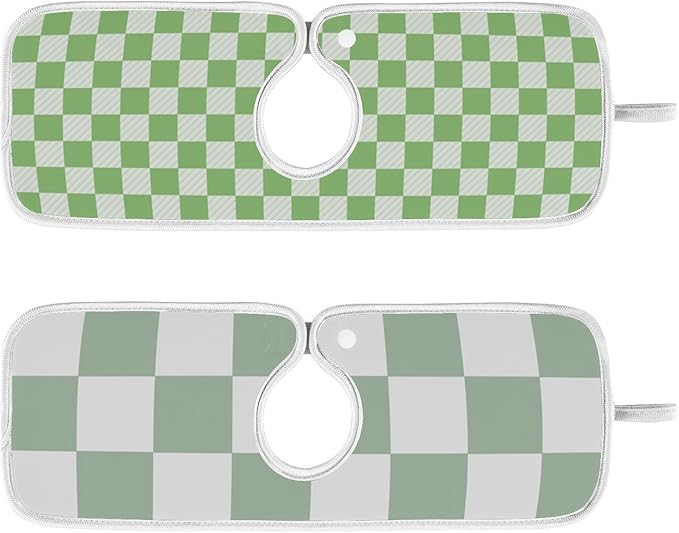 2 PCS Kitchen Sink Splash Guard 14.9 Inch Faucet Mat for Kitchen Sink Bathroom Sink Faucet Absorbing Drip Drain Mat Pad Microfiber Soft Washable Checkered Green and White
