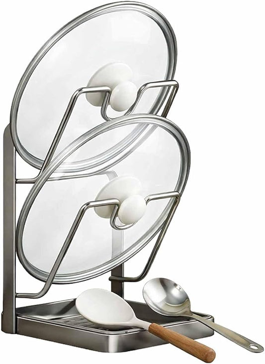 Kitchen Pot Lid Storage Rack, Double-layer Stainless Steelcooking Rack Pot Lid Holder With Tray While Cooking,While Cooking, Lid And Spoon Rest,With Removable Drip Tray (Gray Double-layer)