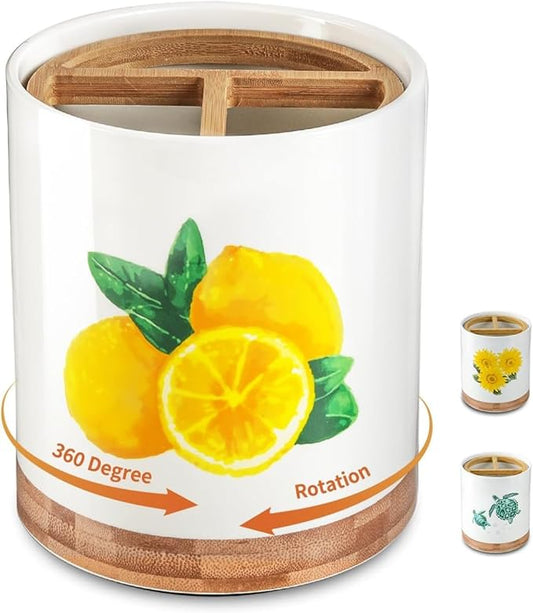 HAPPY KIT 7.6″ Extra Large Kitchen Utensil Holder Porcelain 360° Rotating Utensil Holder for Kitchen Counter with 3 Removable Compartment, Housewarming Gift & Farmhouse Decor (Lemon)