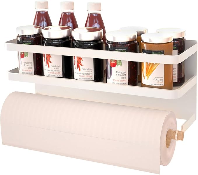 Magnetic Paper Towel Holder for Refrigerator,Magnetic Spice Rack with Paper Towel Rack Storage Organizer Fridge Shelf,Used for Kitchen,Bathroom, Drill Free (B-Black) (White)