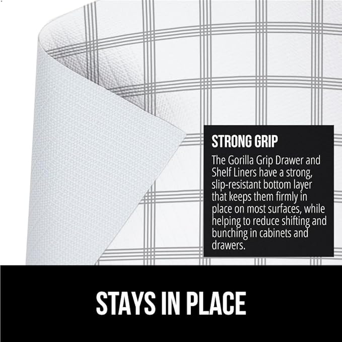GORILLA GRIP DripGuard Shelf Liner, Non Adhesive Drawer and Kitchen Cabinet Protector, 20x240 Inch, Slip Resistant BPA Free Smooth Surface Plastic Liners for Cabinets, Bathrooms, Closets, Gray White