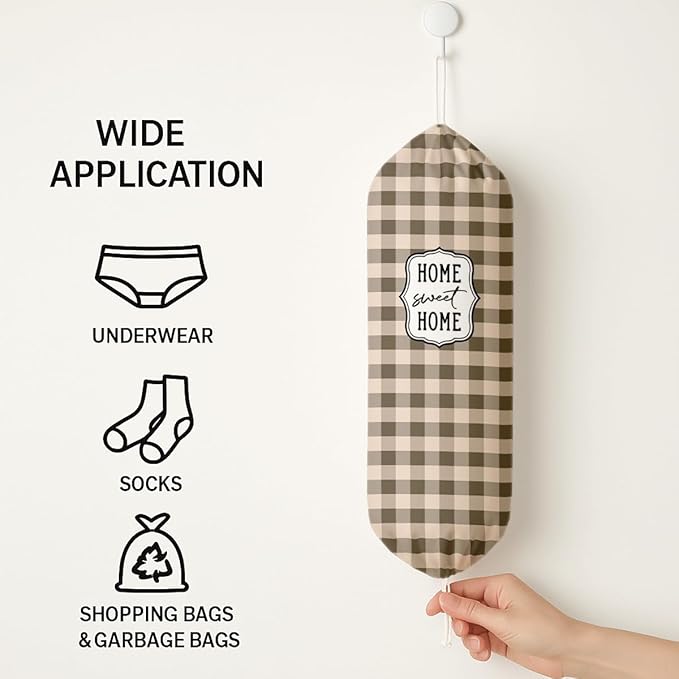 Plastic Bag Holder, Home Sweet Home Plastic Bag Holder for Kitchen Essentials, Brown Grid Bags Holders for Plastics Bags Groceries Store, Kitchen Gifts to Women Family Friends